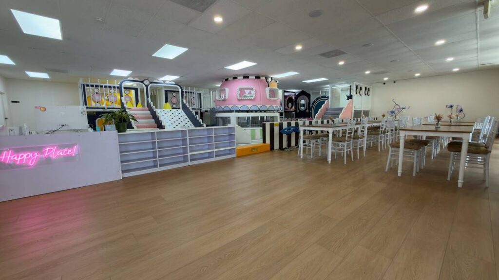 Remodeled La La Land Burbank seating area and playground entrance